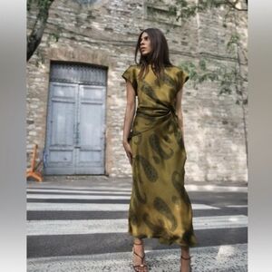 Zara Satin Effect Green Paisley Maxi Dress